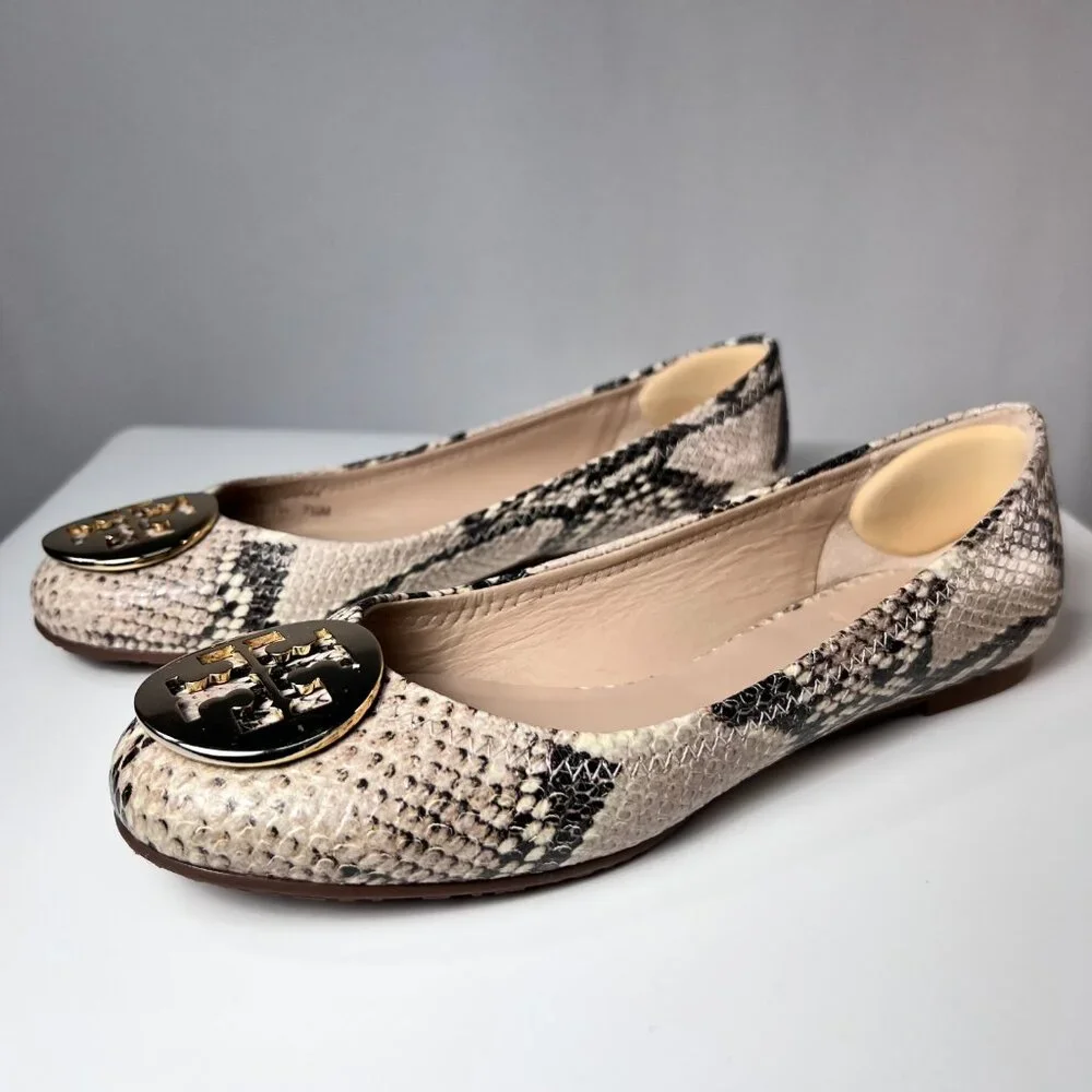 TORY BURCH Reva Ballet Roccia Python Flats with Metal Logo 7.5